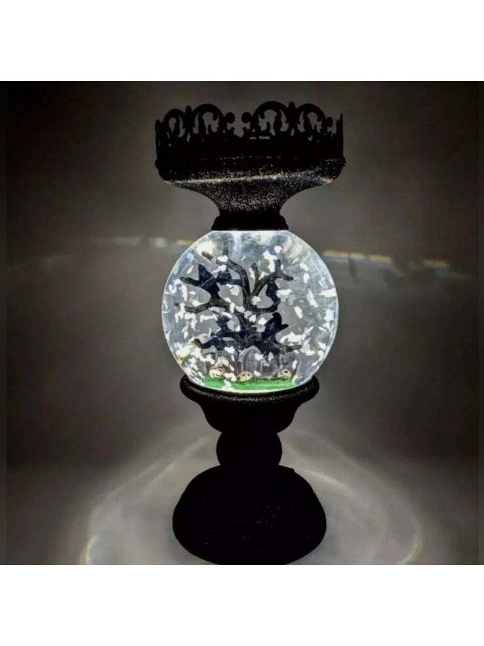 NEW HALLOWEEN CEMETERY GHOST GLITTER WATER GLOBE 3-WICK PEDESTAL CANDLE HOLDER